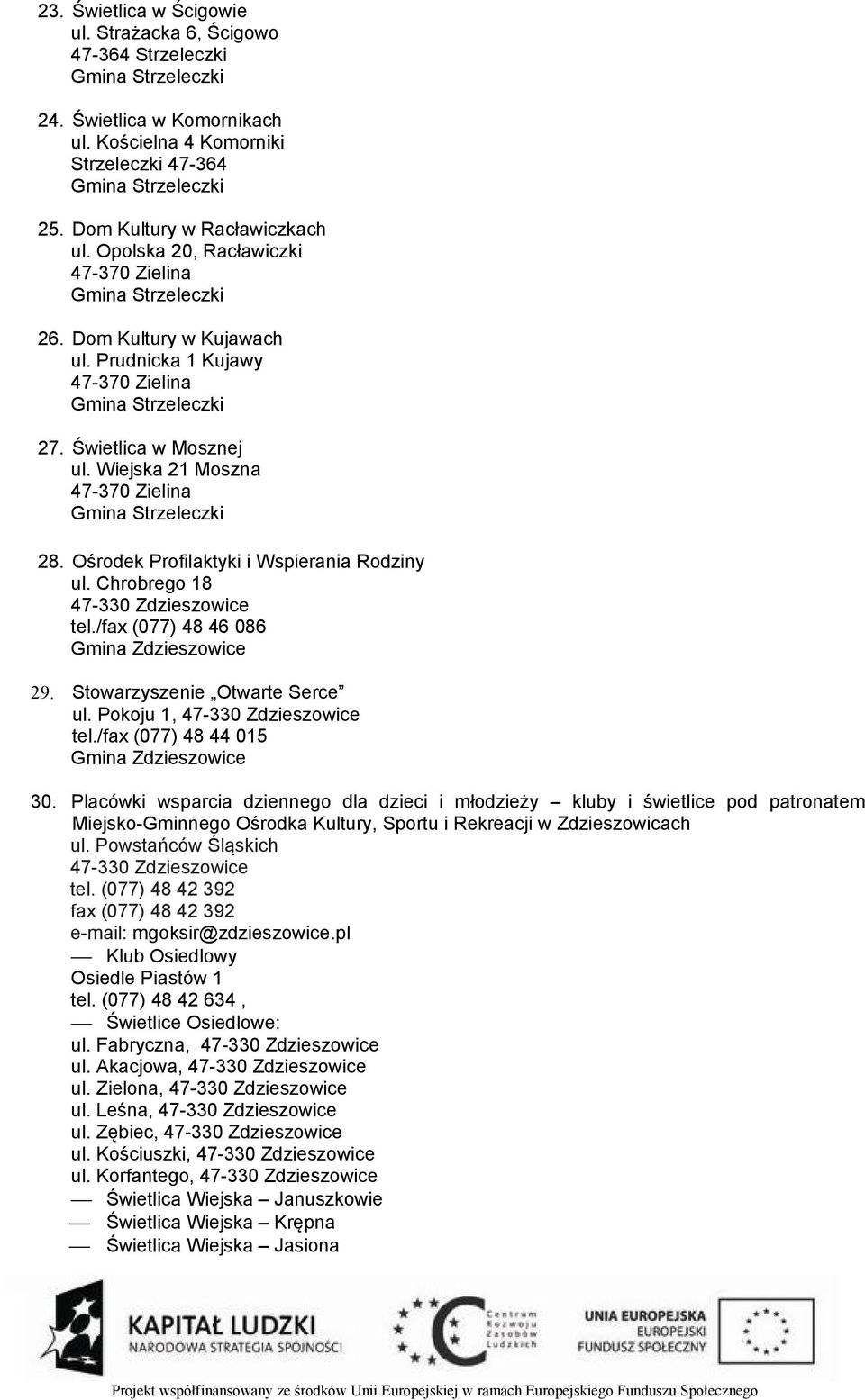 Wiejska 21 Moszna 47-370 Zielina Gmina Strzeleczki 28. Ośrodek Profilaktyki i Wspierania Rodziny ul. Chrobrego 18 47-330 Zdzieszowice tel./fax (077) 48 46 086 Gmina Zdzieszowice 29.