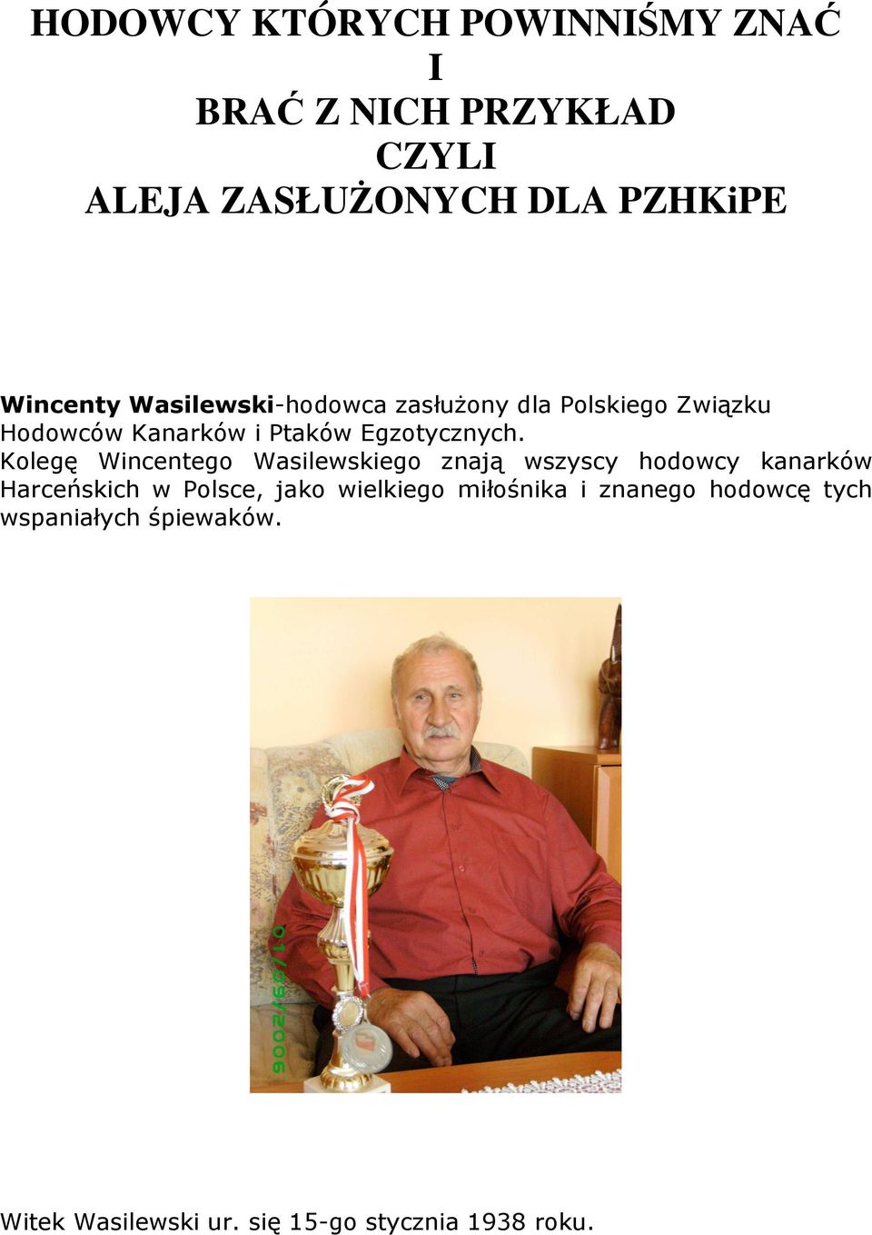 Kolegę Wincentego Wasilewskiego znają wszyscy hodowcy kanarków Harceńskich w Polsce, jako wielkiego