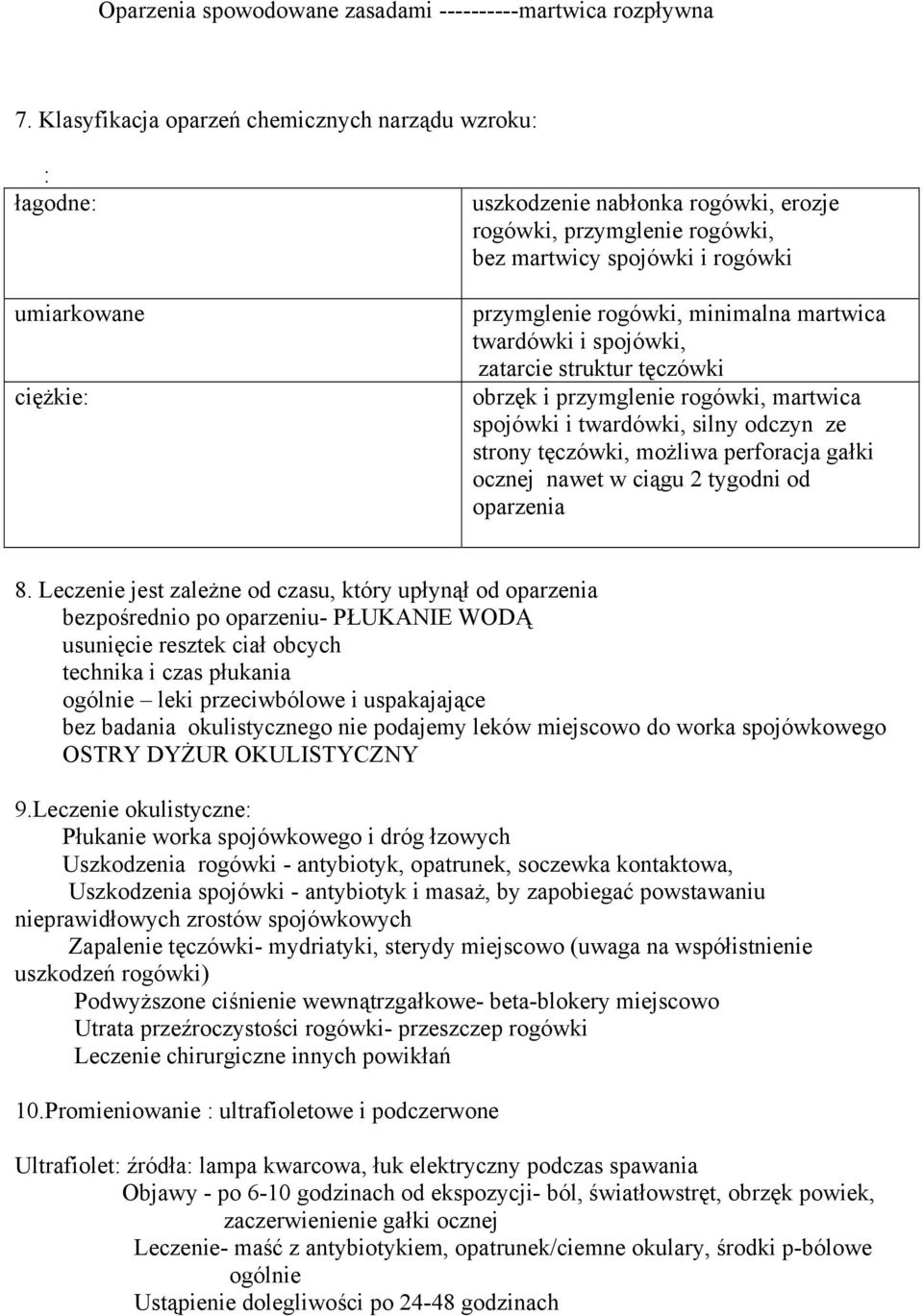 rogówki, minimalna martwica twardówki i spojówki, zatarcie struktur tęczówki obrzęk i przymglenie rogówki, martwica spojówki i twardówki, silny odczyn ze strony tęczówki, możliwa perforacja gałki