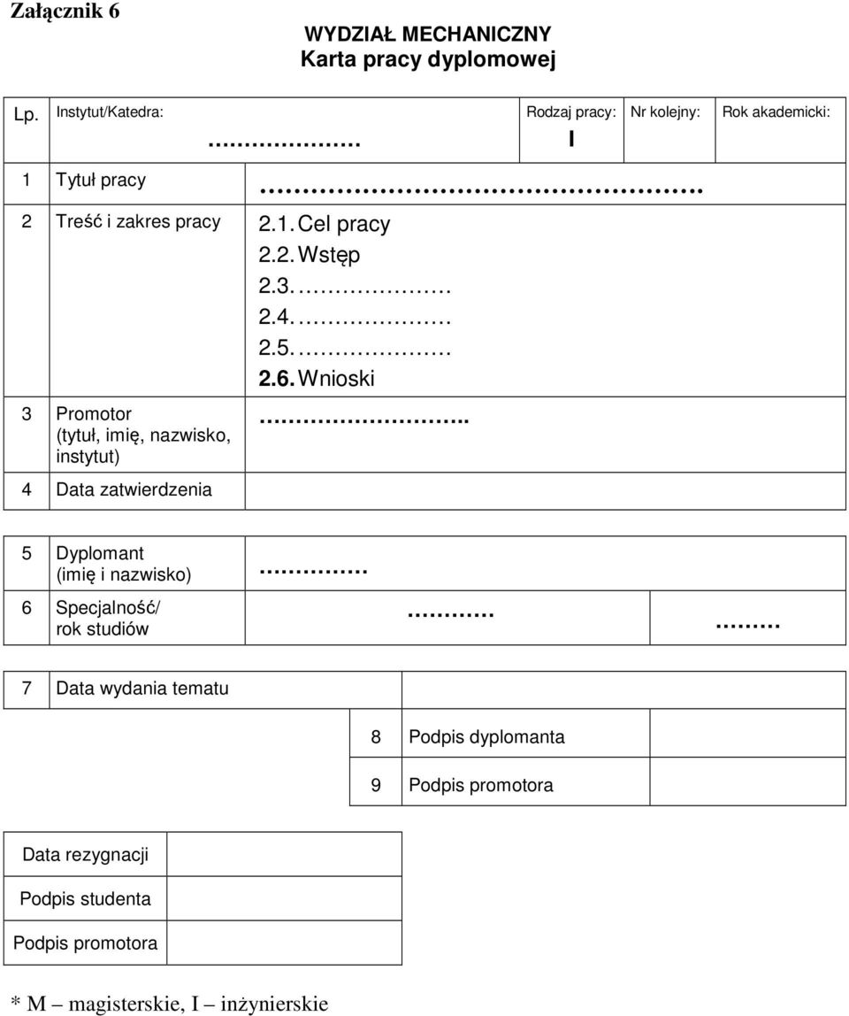 Wnioski 3 Promotor (tytuł, imię, nazwisko, instytut) 4 Data zatwierdzenia.