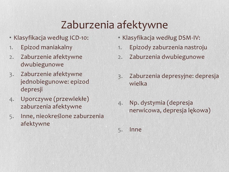 Inne, nieokreślone zaburzenia afektywne Klasyfikacja według DSM-IV: 1. Epizody zaburzenia nastroju 2.