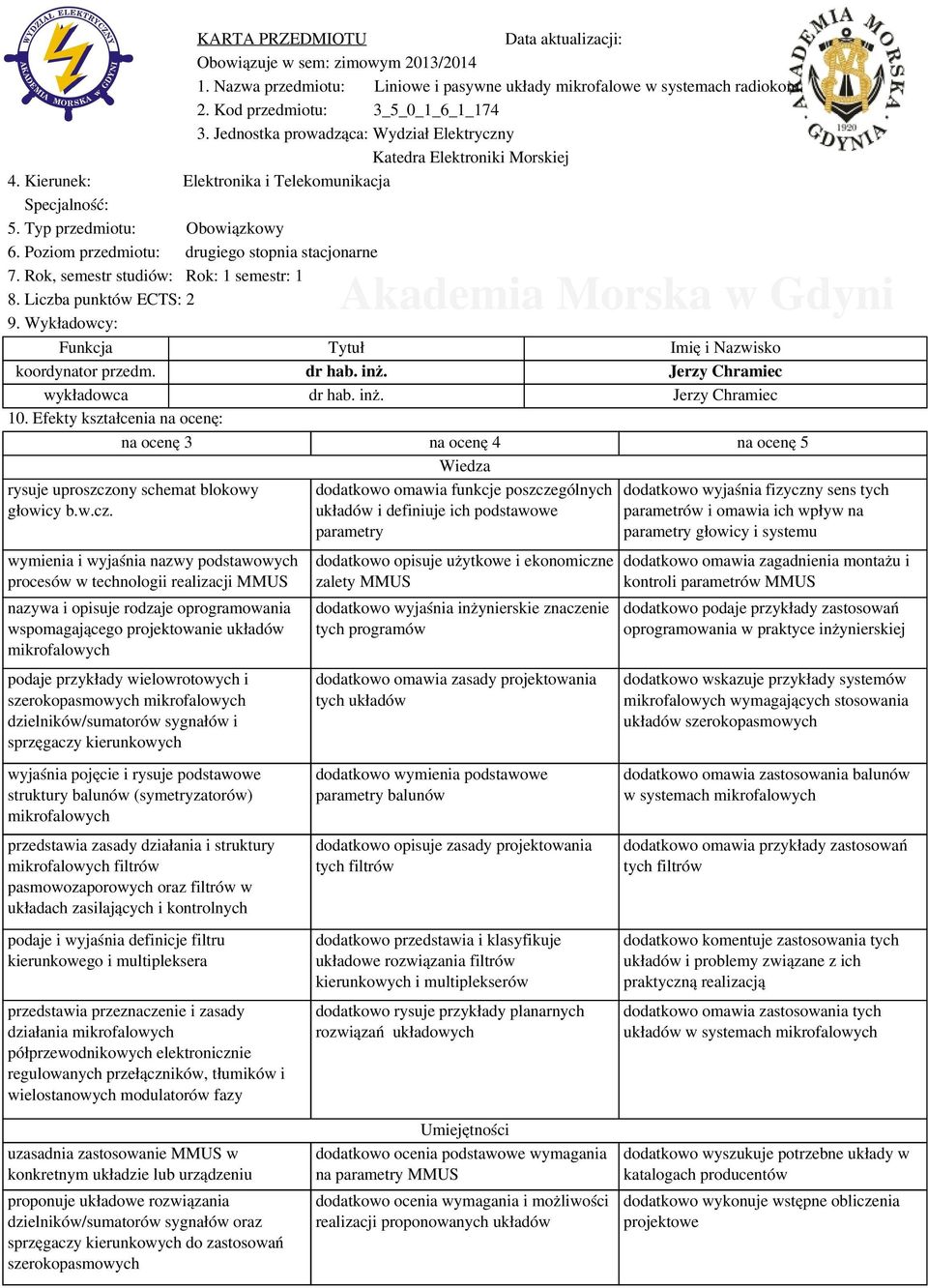 Poziom przedmiotu: drugiego stopnia stacjonarne 7. Rok, semestr studiów: Rok: 1 semestr: 1 8. Liczba punktów ECTS: 2 9. Wykładowcy: Funkcja Tytuł Imię i Nazwisko koordynator przedm. dr hab. inż.