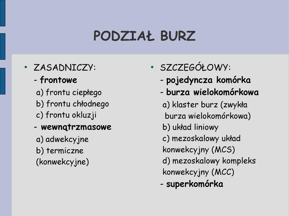 komórka - burza wielokomórkowa a) klaster burz (zwykła burza wielokomórkowa) b) układ