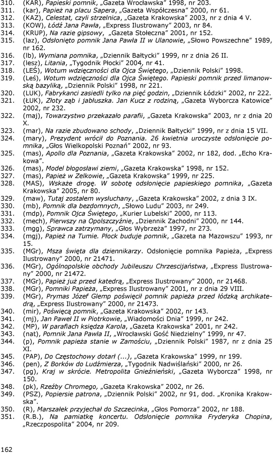 315. (laz), Odsłonięto pomnik Jana Pawła II w Ulanowie, Słowo Powszechne 1989, nr 162. 316. (lb), Wymiana pomnika, Dziennik Bałtycki 1999, nr z dnia 26 II. 317.