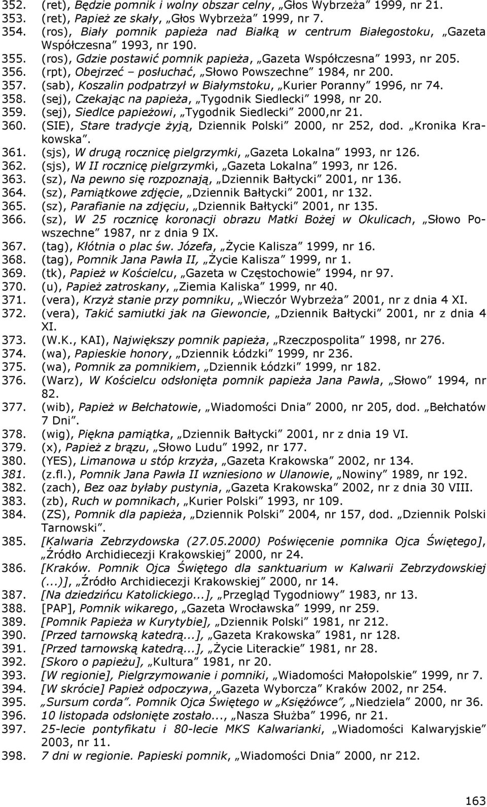 (rpt), Obejrzeć posłuchać, Słowo Powszechne 1984, nr 200. 357. (sab), Koszalin podpatrzył w Białymstoku, Kurier Poranny 1996, nr 74. 358. (sej), Czekając na papieŝa, Tygodnik Siedlecki 1998, nr 20.