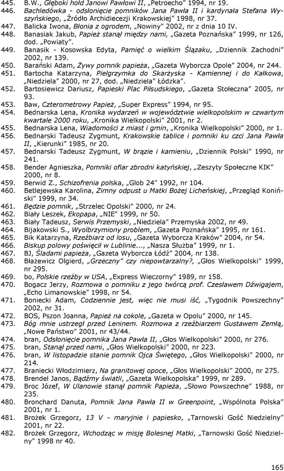 Banasik - Kosowska Edyta, Pamięć o wielkim Ślązaku, Dziennik Zachodni 2002, nr 139. 450. Barański Adam, śywy pomnik papieŝa, Gazeta Wyborcza Opole 2004, nr 244. 451.