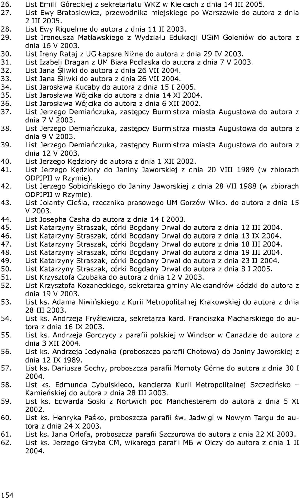 List Ireny Rataj z UG Łapsze NiŜne do autora z dnia 29 IV 2003. 31. List Izabeli Dragan z UM Biała Podlaska do autora z dnia 7 V 2003. 32. List Jana Śliwki do autora z dnia 26 VII 2004. 33.