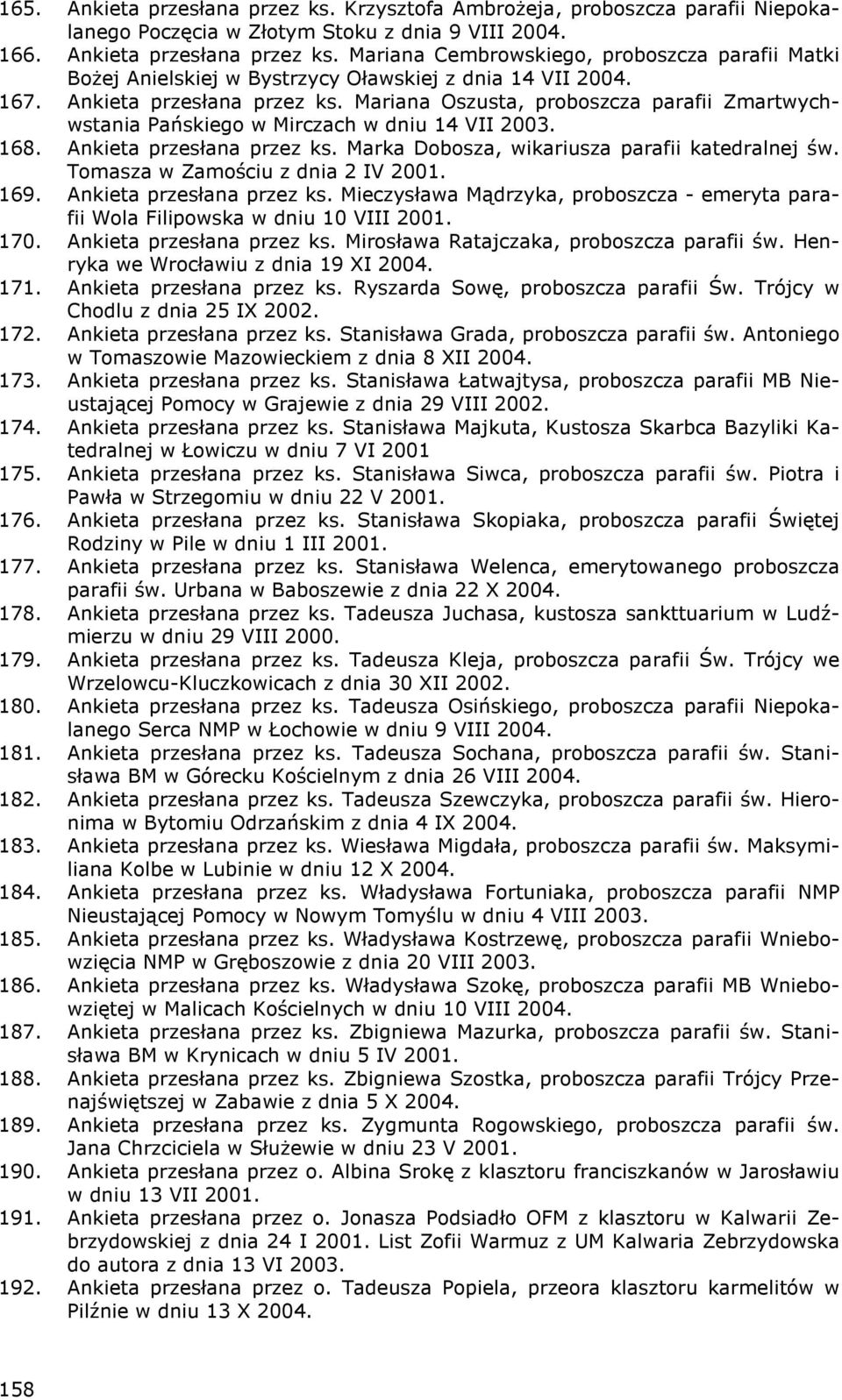 Tomasza w Zamościu z dnia 2 IV 2001. 169. Ankieta przesłana przez ks. Mieczysława Mądrzyka, proboszcza - emeryta parafii Wola Filipowska w dniu 10 VIII 2001. 170. Ankieta przesłana przez ks. Mirosława Ratajczaka, proboszcza parafii św.