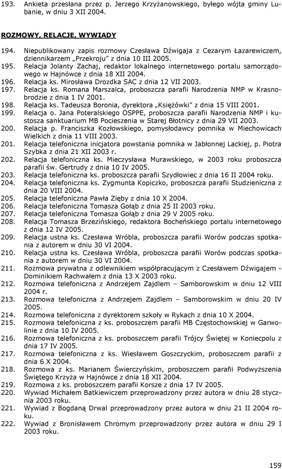 Relacja Jolanty Zachaj, redaktor lokalnego internetowego portalu samorządowego w Hajnówce z dnia 18 XII 2004. 196. Relacja ks.