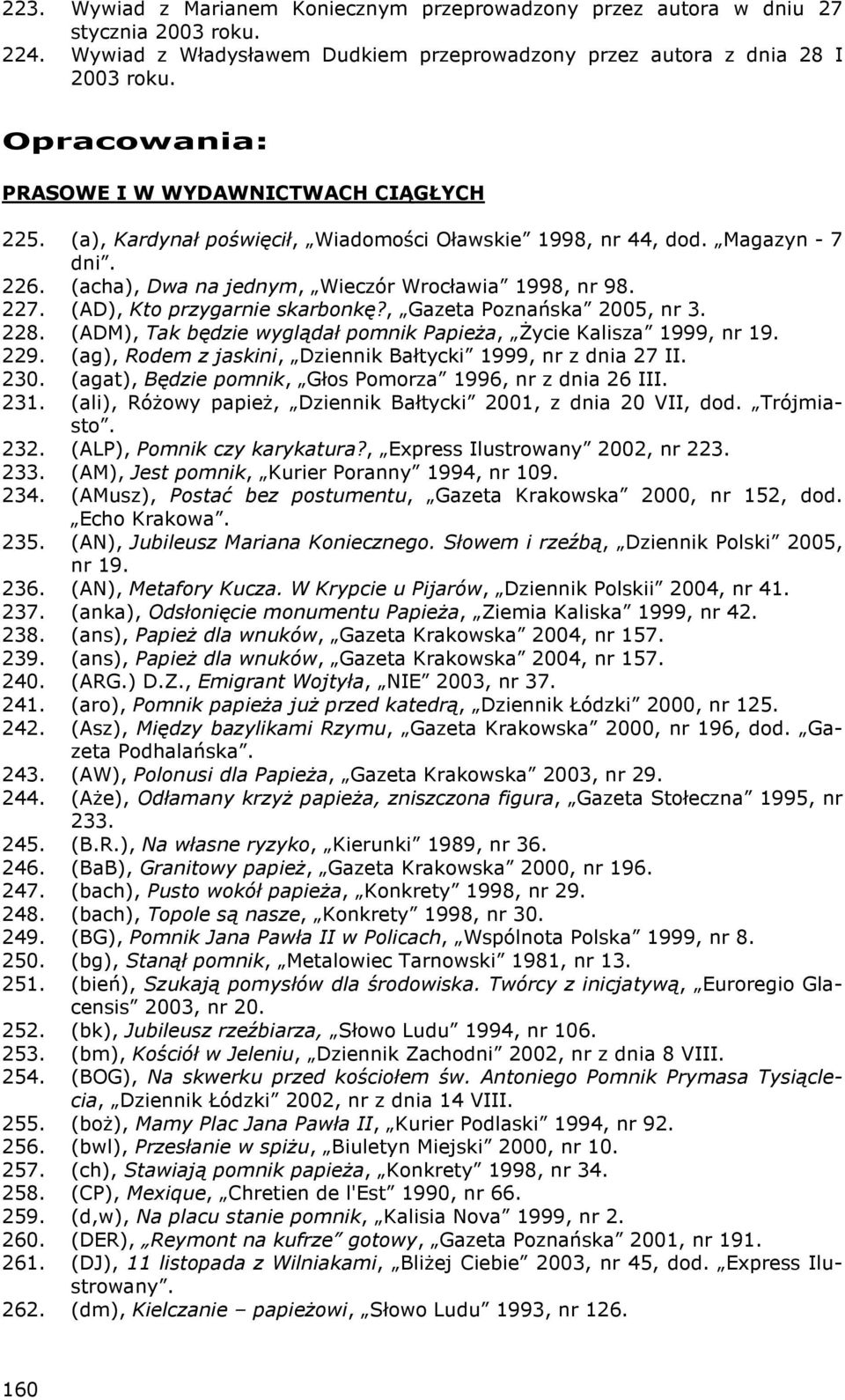 (AD), Kto przygarnie skarbonkę?, Gazeta Poznańska 2005, nr 3. 228. (ADM), Tak będzie wyglądał pomnik PapieŜa, śycie Kalisza 1999, nr 19. 229.