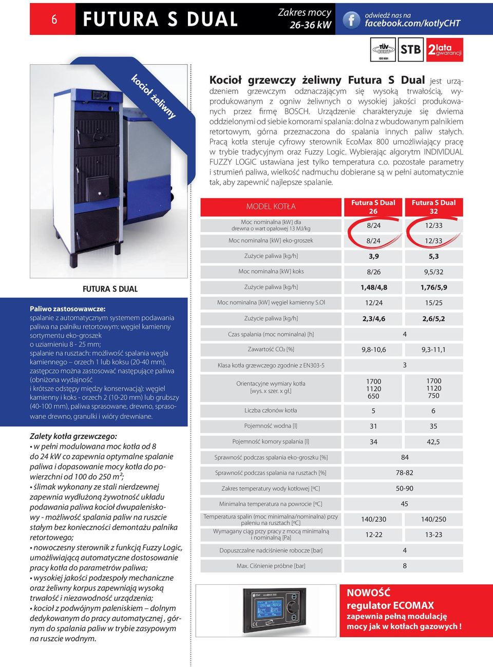 Pracą kotła steruje cyfrowy sterownik EcoMax 800 umożliwiający pracę w trybie tradycyjnym oraz Fuzzy Logic. Wybierając algorytm INDIVIDUAL FUZZY LOGIC ustawia jest tylko temperatura c.o. pozostałe parametry i strumień paliwa, wielkość dmuchu dobierane są w pełni automatycznie tak, aby zapewnić jlepsze spalanie.