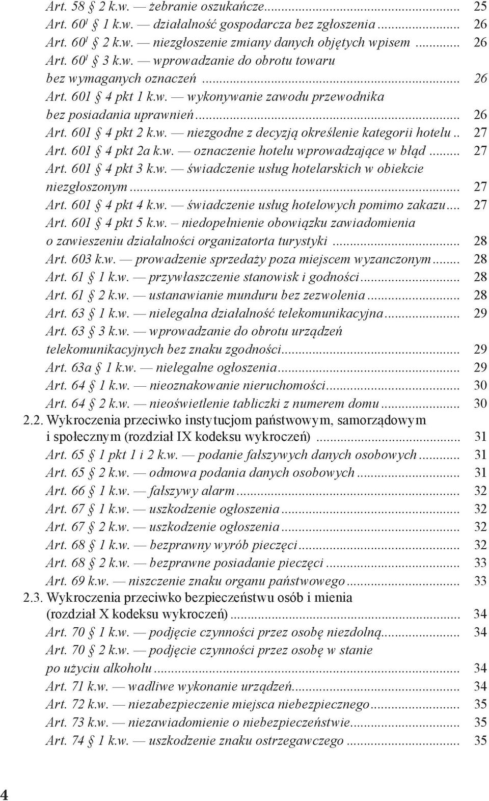 .. 27 Art. 601 4 pkt 3 k.w. świadczenie usług hotelarskich w obiekcie niezgłoszonym... 27 Art. 601 4 pkt 4 k.w. świadczenie usług hotelowych pomimo zakazu... 27 Art. 601 4 pkt 5 k.w. niedopełnienie obowiązku zawiadomienia o zawieszeniu działalności organizatorta turystyki.