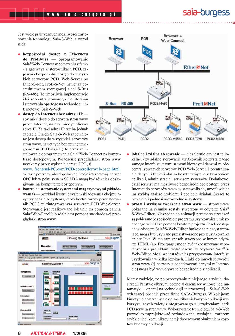 sterownikach PCD, zapewnia bezpoœredni dostêp do wszystkich serwerów PCD. Web-Server po Ether-S-Net, Profi-S-Net, nawet za poœrednictwem szeregowej sieci S-Bus (RS-485).