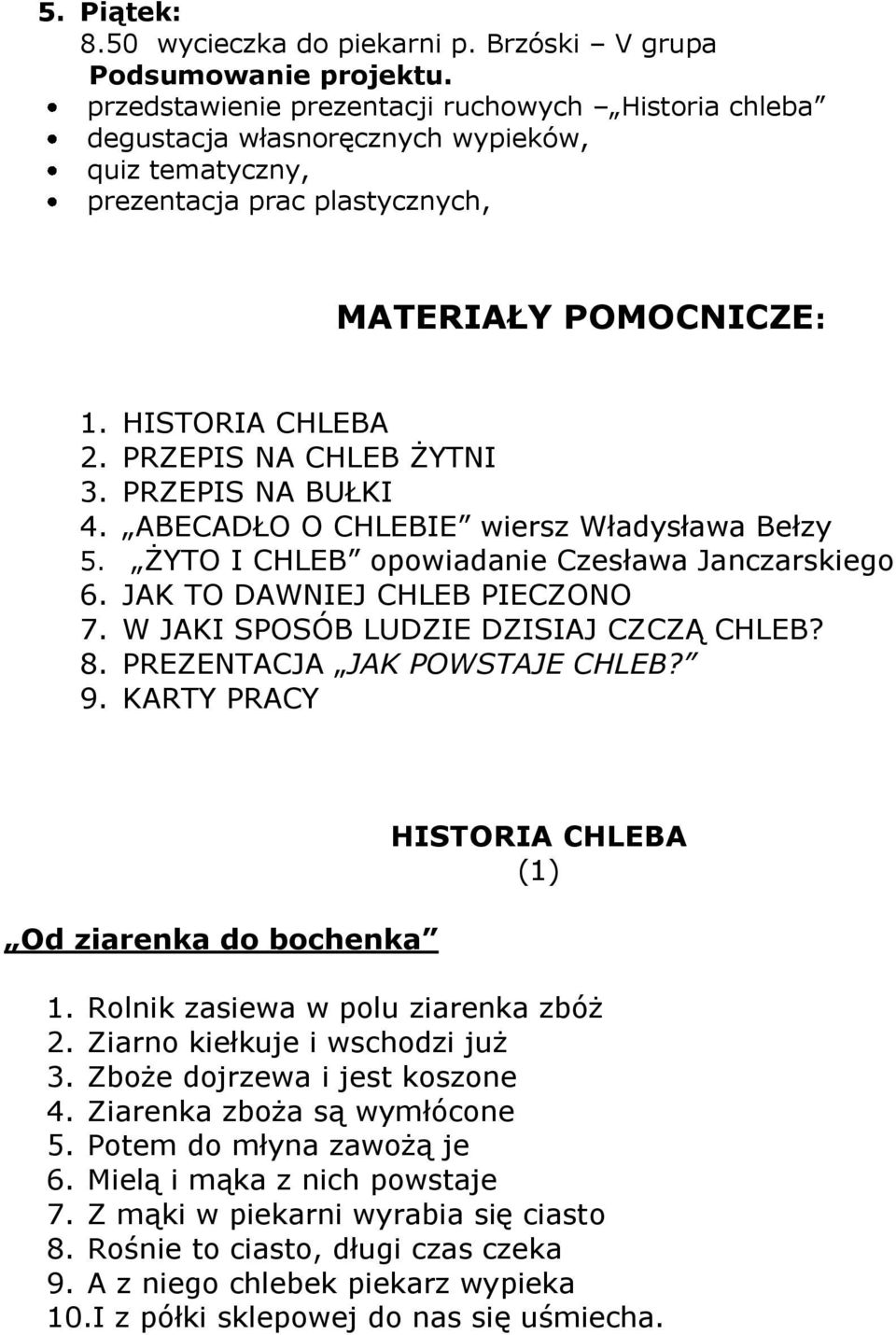 PRZEPIS NA CHLEB ŻYTNI 3. PRZEPIS NA BUŁKI 4. ABECADŁO O CHLEBIE wiersz Władysława Bełzy 5. ŻYTO I CHLEB opowiadanie Czesława Janczarskiego 6. JAK TO DAWNIEJ CHLEB PIECZONO 7.