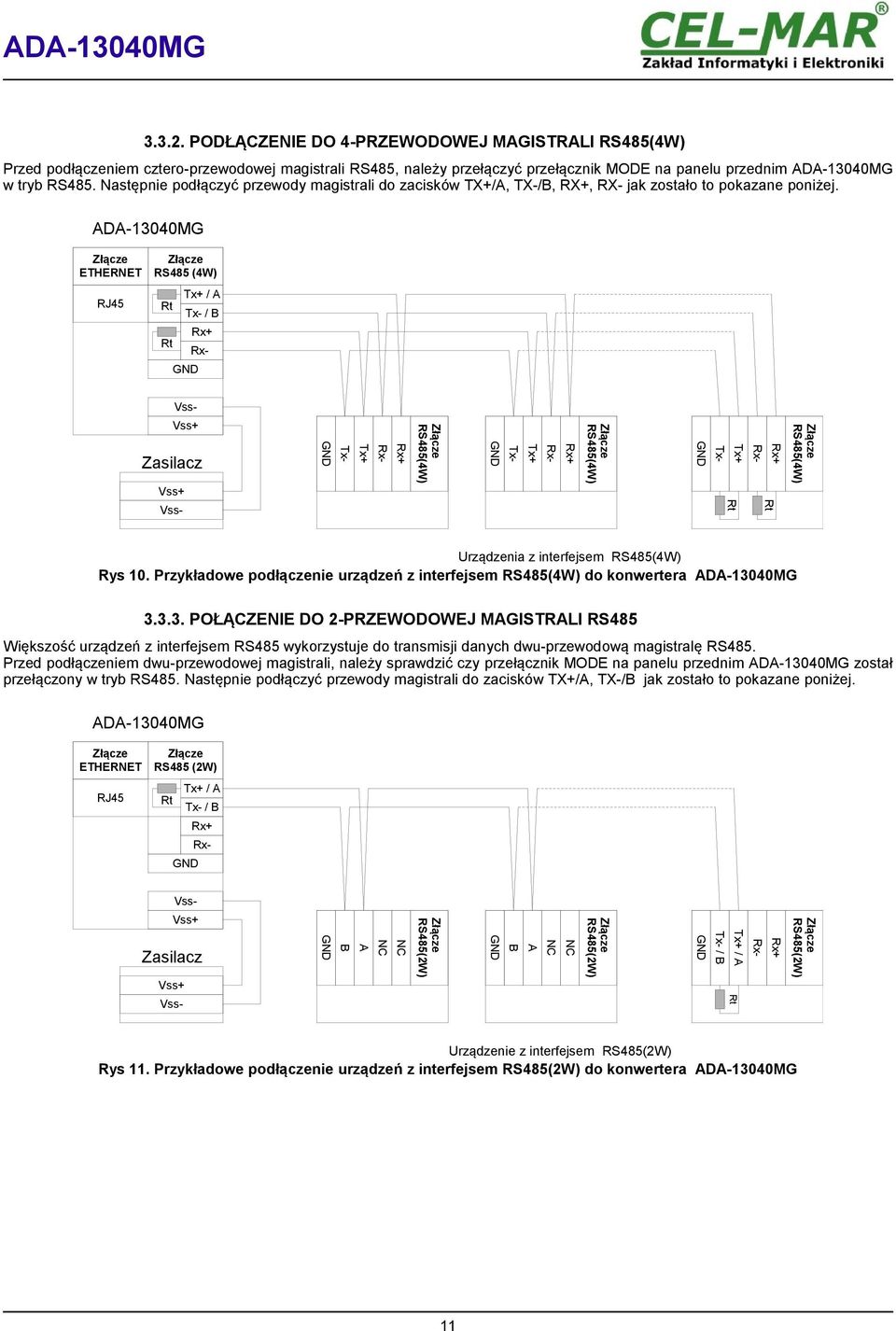 Złącze ETHERNET RJ45 Złącze RS485 (4W) Tx+ / A Rt Tx- / B Rx+ Rt RxGND Vss- Złącze RS485(4W) Rx- Rx+ Tx+ Tx- GND Rx+ Złącze RS485(4W) Rx- Tx+ Tx- GND Rx+ Rx- Tx+ Tx- GND Zasilacz Złącze RS485(4W)