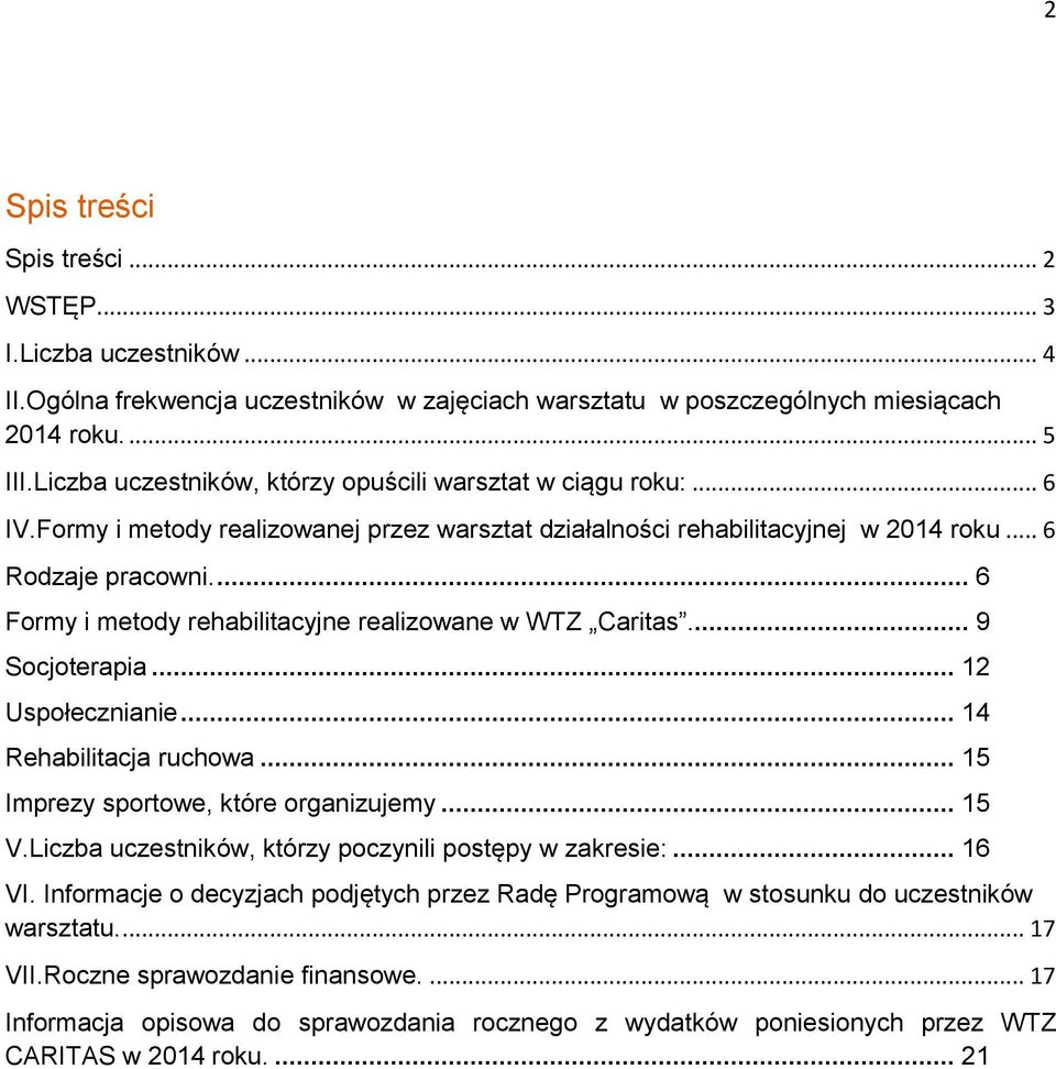 ... 6 Formy i metody rehabilitacyjne realizowane w WTZ Caritas.... 9 Socjoterapia... 12 Uspołecznianie... 14 Rehabilitacja ruchowa... 15 Imprezy sportowe, które organizujemy... 15 V.