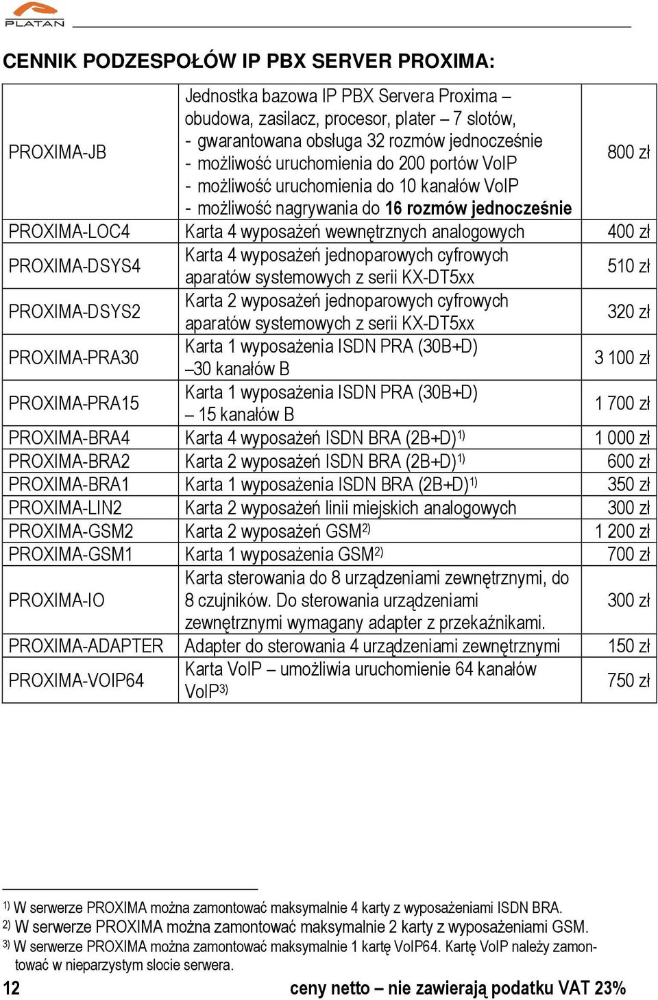 PROXIMA-DSYS4 Karta 4 wyposażeń jednoparowych cyfrowych aparatów systemowych z serii KX-DT5xx 510 zł PROXIMA-DSYS2 Karta 2 wyposażeń jednoparowych cyfrowych aparatów systemowych z serii KX-DT5xx 320