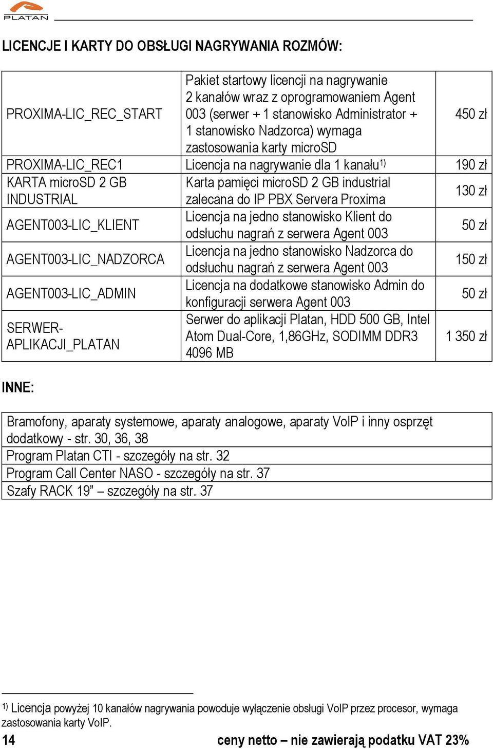 IP PBX Servera Proxima 130 zł AGENT003-LIC_KLIENT Licencja na jedno stanowisko Klient do odsłuchu nagrań z serwera Agent 003 50 zł AGENT003-LIC_NADZORCA Licencja na jedno stanowisko Nadzorca do