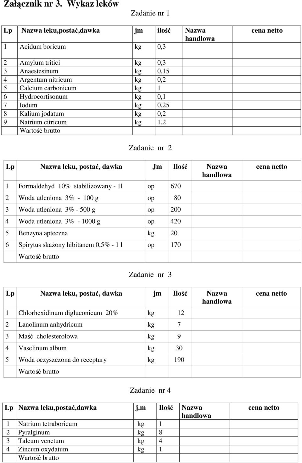 Hydrocortisonum kg 0,1 7 Iodum kg 0,25 8 Kalium jodatum kg 0,2 9 Natrium citricum kg 1,2 Zadanie nr 2 Lp Nazwa leku, postać, dawka Jm Ilość Nazwa 1 Formaldehyd 10% stabilizowany - 1l op 670 2 Woda