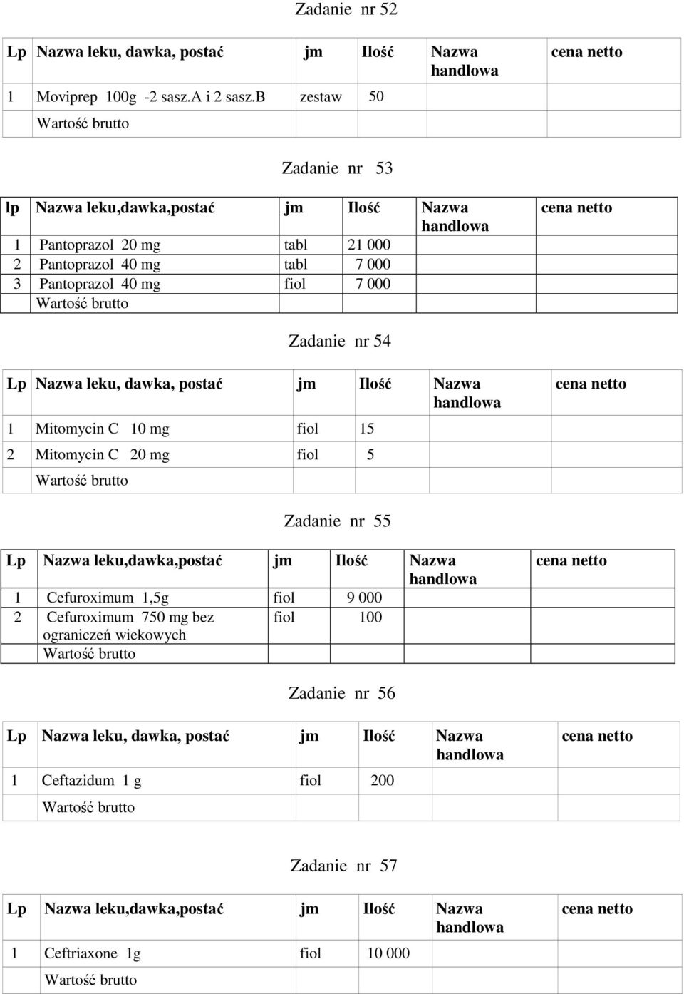 Pantoprazol 40 mg fiol 7 000 Zadanie nr 54 1 Mitomycin C 10 mg fiol 15 2 Mitomycin C 20 mg fiol 5 Zadanie nr 55 Lp Nazwa