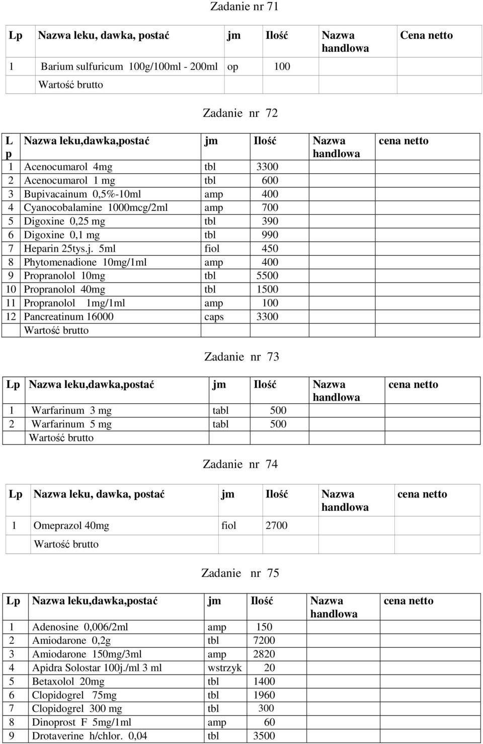 5ml fiol 450 8 Phytomenadione 10mg/1ml amp 400 9 Propranolol 10mg tbl 5500 10 Propranolol 40mg tbl 1500 11 Propranolol 1mg/1ml amp 100 12 Pancreatinum 16000 caps 3300 Zadanie nr 73 Lp Nazwa