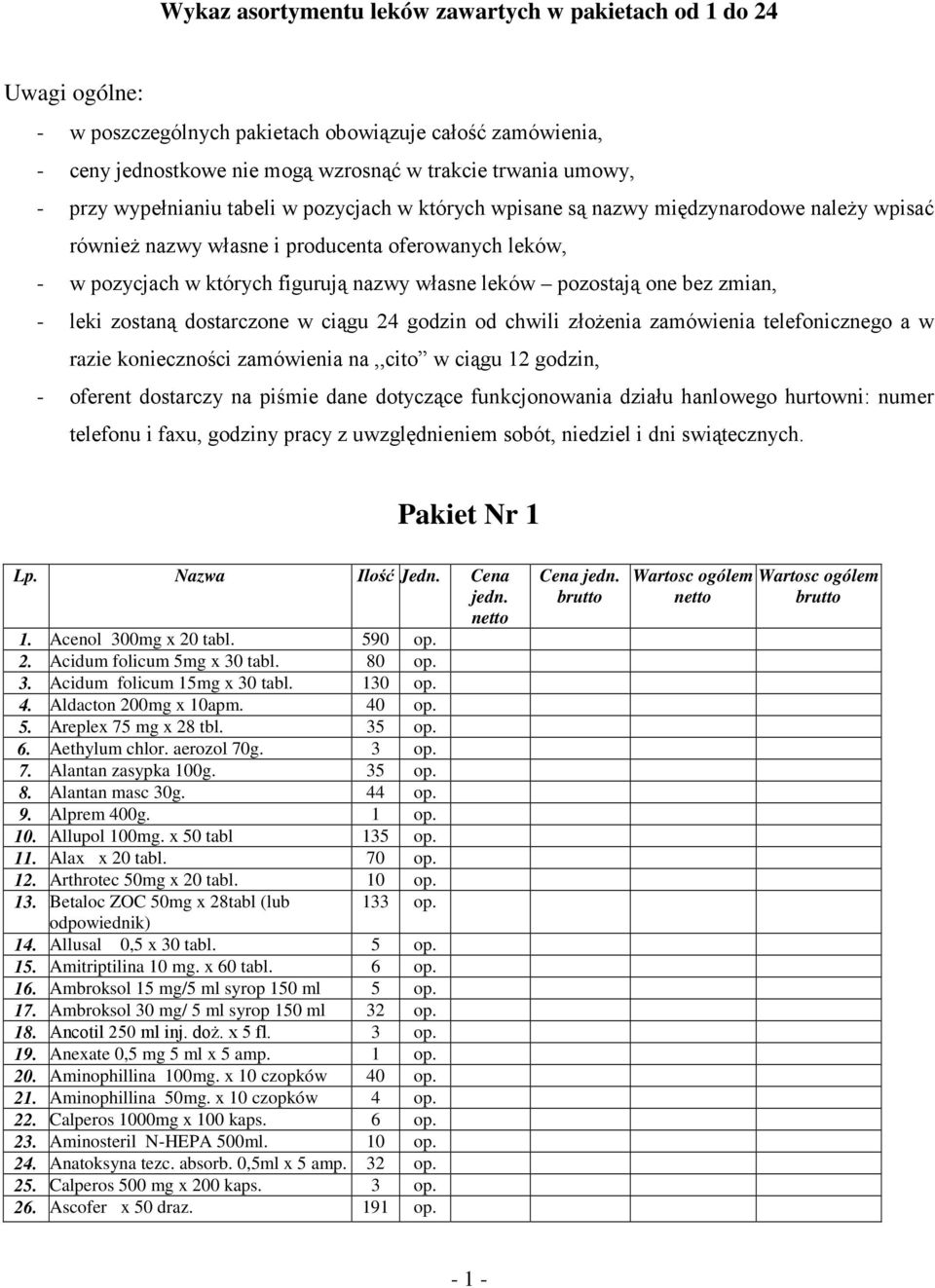 pozostają one bez zmian, - leki zostaną dostarczone w ciągu 24 godzin od chwili złoŝenia zamówienia telefonicznego a w razie konieczności zamówienia na,,cito w ciągu 12 godzin, - oferent dostarczy na