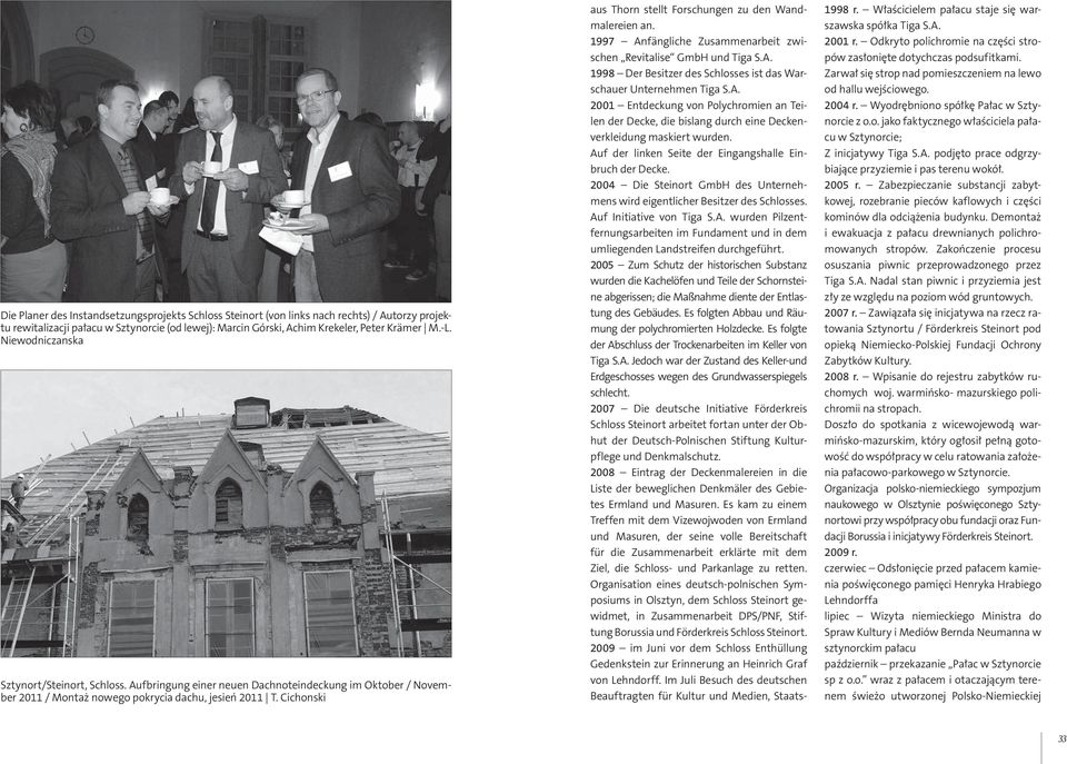 Cichonski aus Thorn stellt Forschungen zu den Wandmalereien an. 1997 Anfängliche Zusammenarbeit zwischen Revitalise GmbH und Tiga S.A. 1998 Der Besitzer des Schlosses ist das Warschauer Unternehmen Tiga S.
