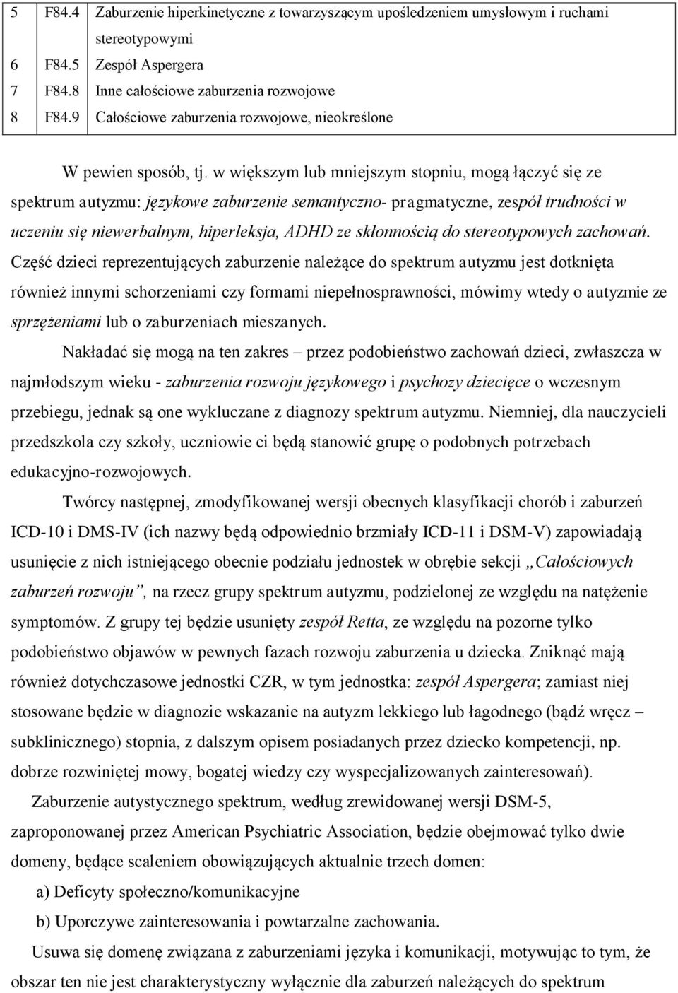 9 Zaburzenie hiperkinetyczne z towarzyszącym upośledzeniem umysłowym i ruchami stereotypowymi Zespół Aspergera Inne całościowe zaburzenia rozwojowe Całościowe zaburzenia rozwojowe, nieokreślone W