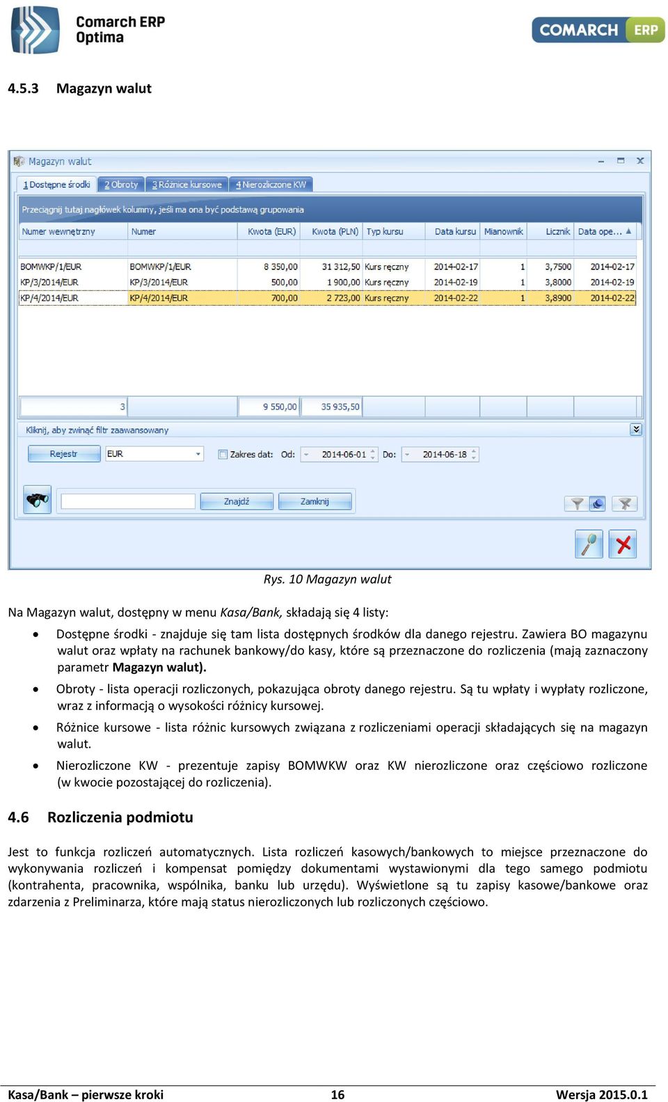 Obroty - lista operacji rozliczonych, pokazująca obroty danego rejestru. Są tu wpłaty i wypłaty rozliczone, wraz z informacją o wysokości różnicy kursowej.