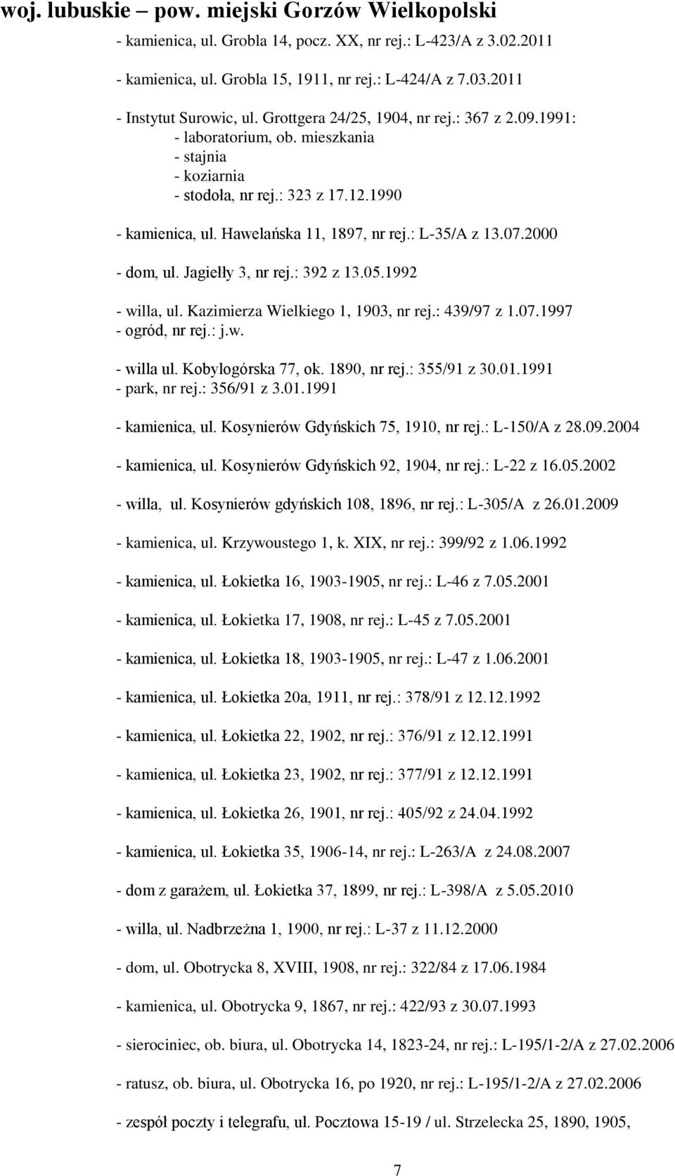 07.2000 - dom, ul. Jagiełły 3, nr rej.: 392 z 13.05.1992 - willa, ul. Kazimierza Wielkiego 1, 1903, nr rej.: 439/97 z 1.07.1997 - ogród, nr rej.: j.w. - willa ul. Kobylogórska 77, ok. 1890, nr rej.