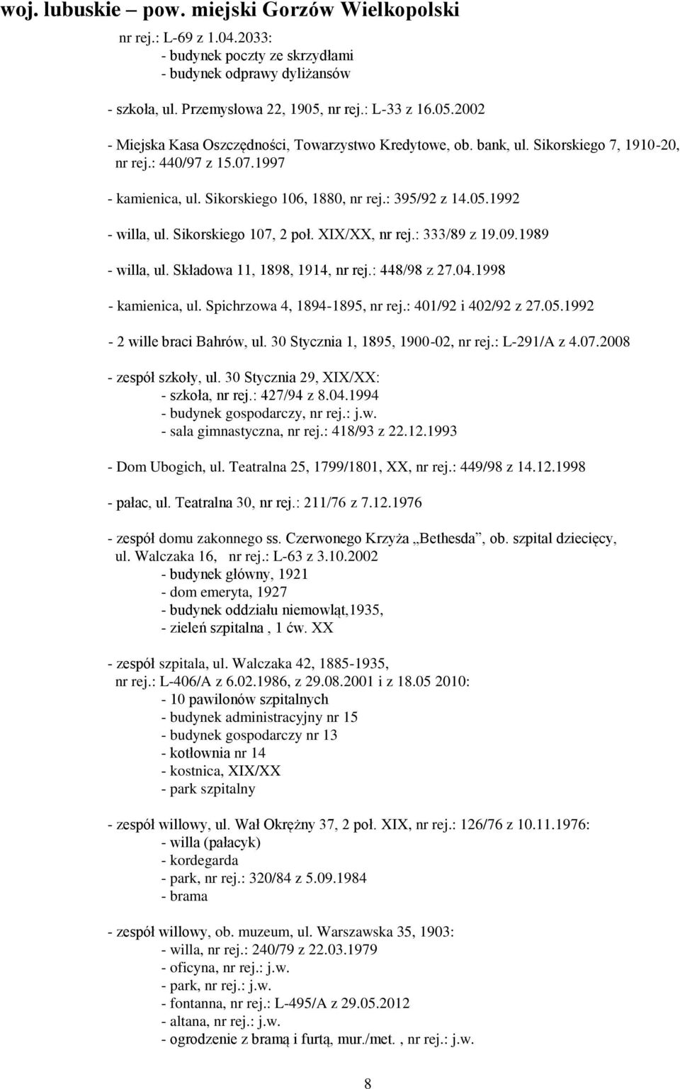 : 395/92 z 14.05.1992 - willa, ul. Sikorskiego 107, 2 poł. XIX/XX, nr rej.: 333/89 z 19.09.1989 - willa, ul. Składowa 11, 1898, 1914, nr rej.: 448/98 z 27.04.1998 - kamienica, ul.