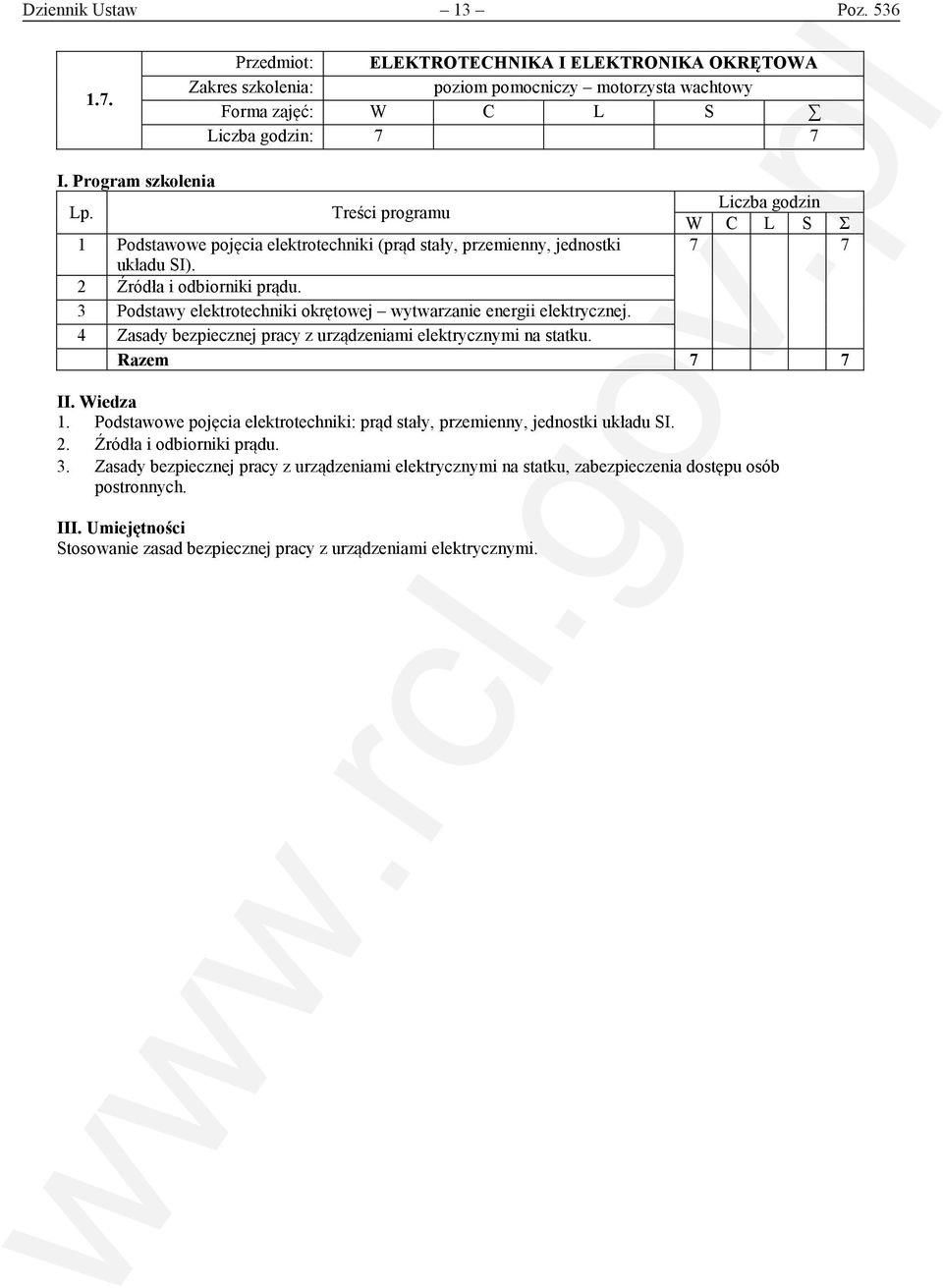 3 Podstawy elektrotechniki okrętowej wytwarzanie energii elektrycznej. 4 Zasady bezpiecznej pracy z urządzeniami elektrycznymi na statku. Razem 7 7 II. Wiedza 1.