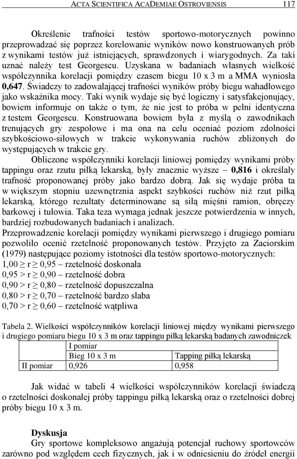 Świadczy to zadowalającej trafności wyników próby biegu wahadłowego jako wskaźnika mocy.