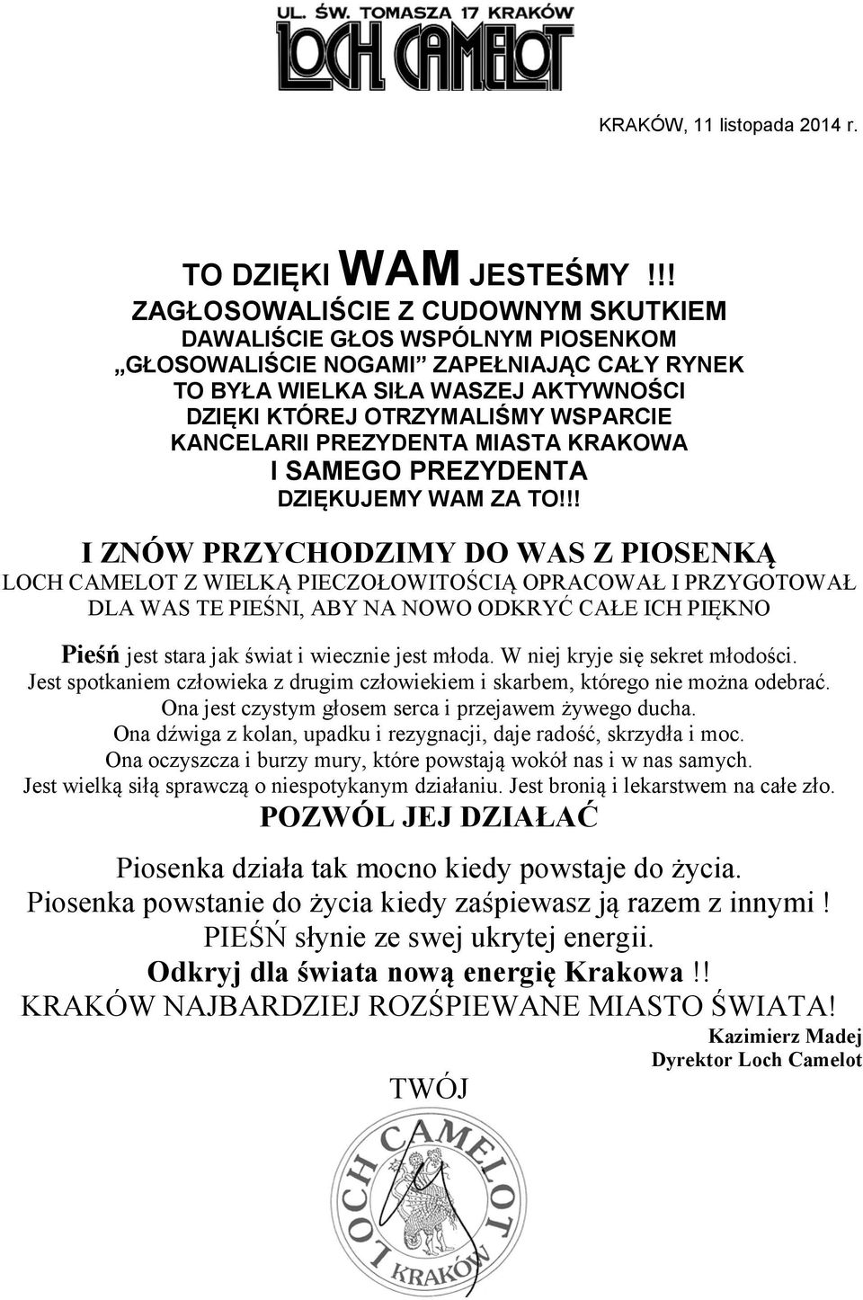 KANCELARII PREZYDENTA MIASTA KRAKOWA I SAMEGO PREZYDENTA DZIĘKUJEMY WAM ZA TO!