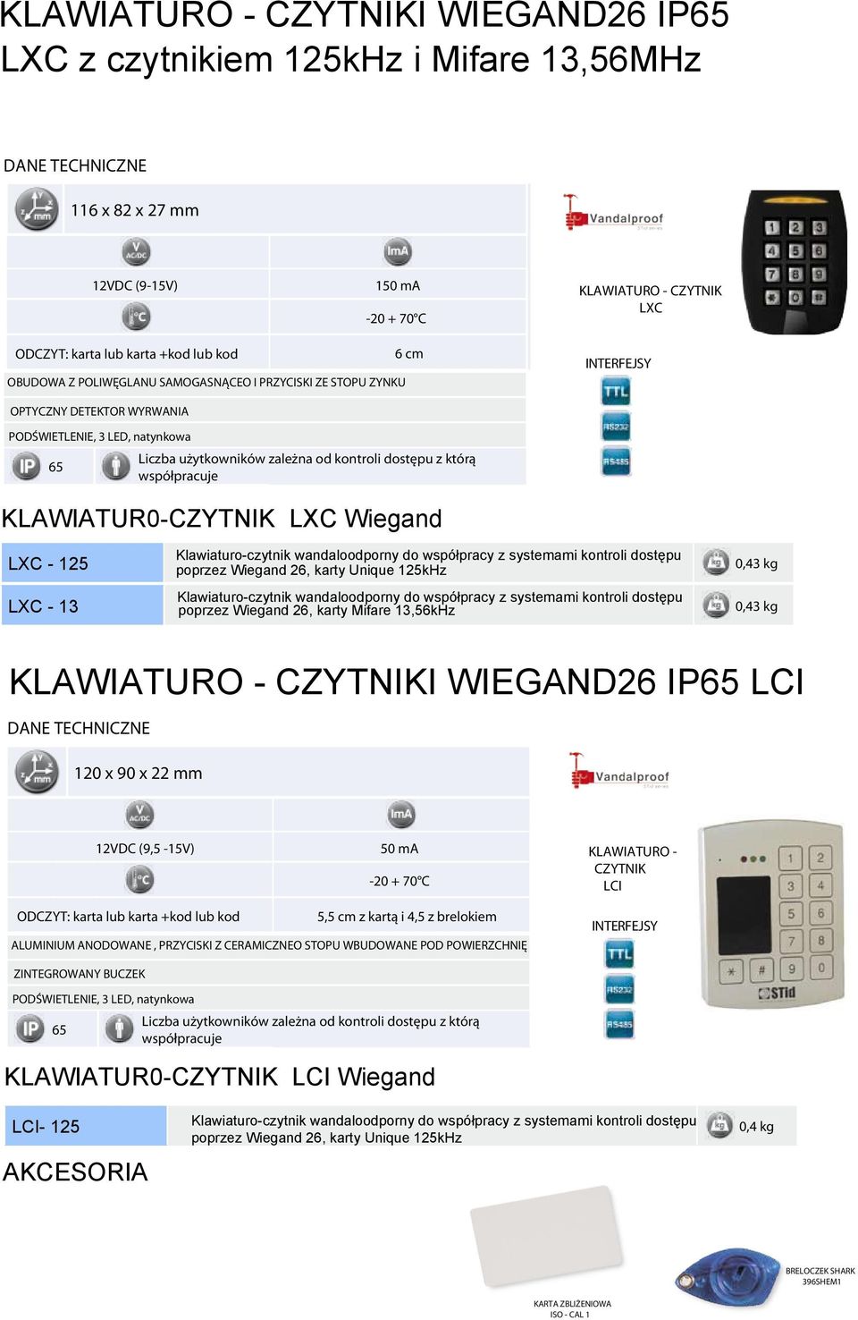 KLAWIATUR0-CZYTNIK LXC Wiegand LXC - 125 LXC - 13 Klawiaturo-czytnik wandaloodporny do współpracy z systemami kontroli dostępu poprzez Wiegand 26, karty Unique 125kHz Klawiaturo-czytnik