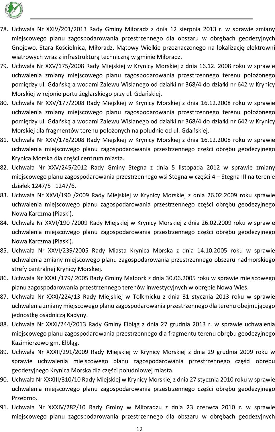 wiatrowych wraz z infrastrukturą techniczną w gminie Miłoradz. 79. Uchwała Nr XXV/175/2008 Rady Miejskiej w Krynicy Morskiej z dnia 16.12.