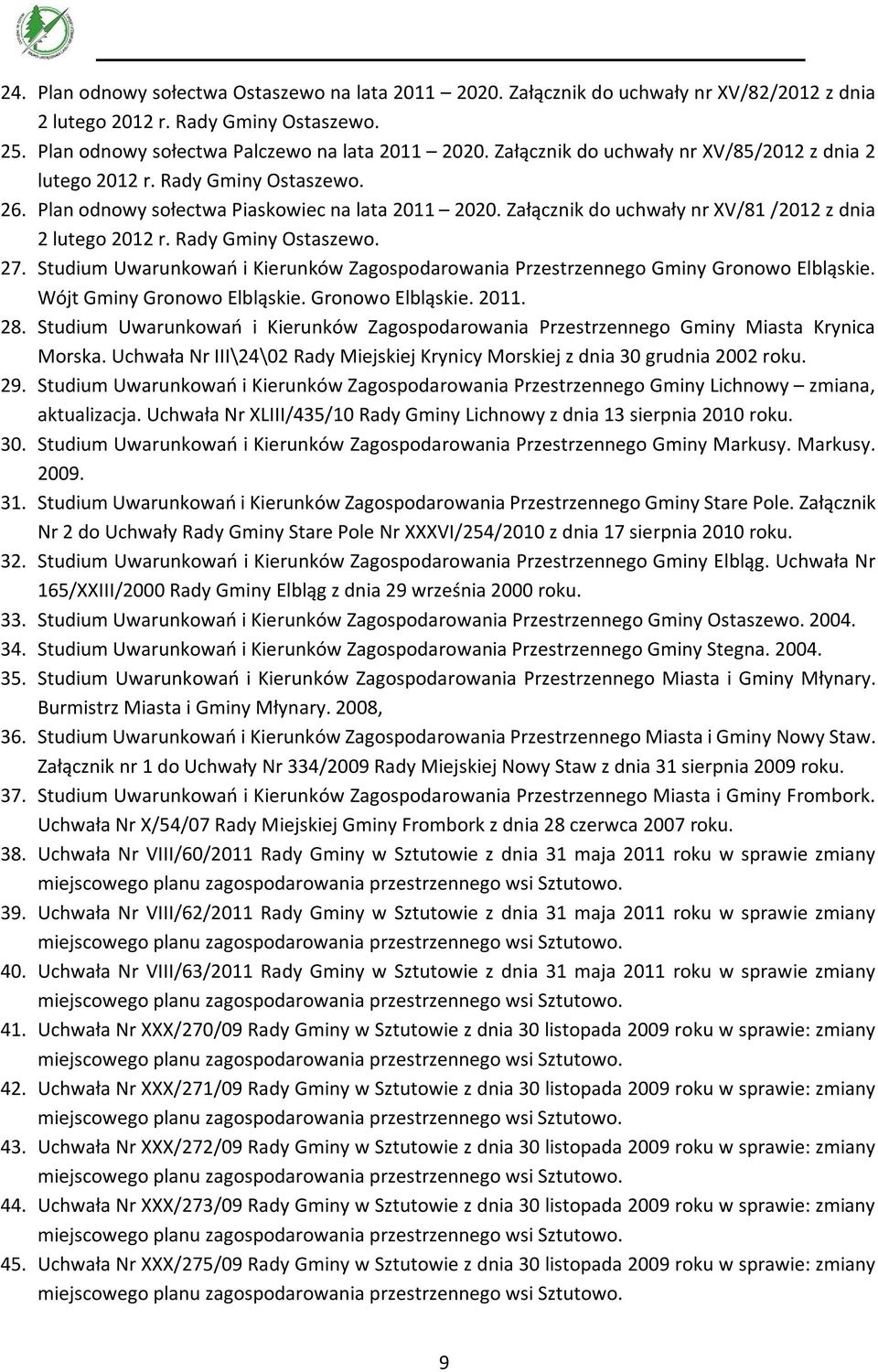 Rady Gminy Ostaszewo. 27. Studium Uwarunkowań i Kierunków Zagospodarowania Przestrzennego Gminy Gronowo Elbląskie. Wójt Gminy Gronowo Elbląskie. Gronowo Elbląskie. 2011. 28.