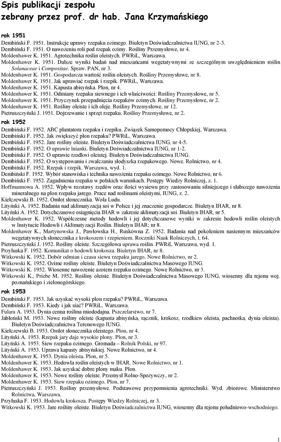 Spraw. PAN, nr 3. Moldenhawer K. 1951. Gospodarcza wartość roślin oleistych. Rośliny Przemysłowe, nr 8. Moldenhawer K. 1951. Jak uprawiać rzepak i rzepik. PWRiL, Warszawa. Moldenhawer K. 1951. Kapusta abisyńska.