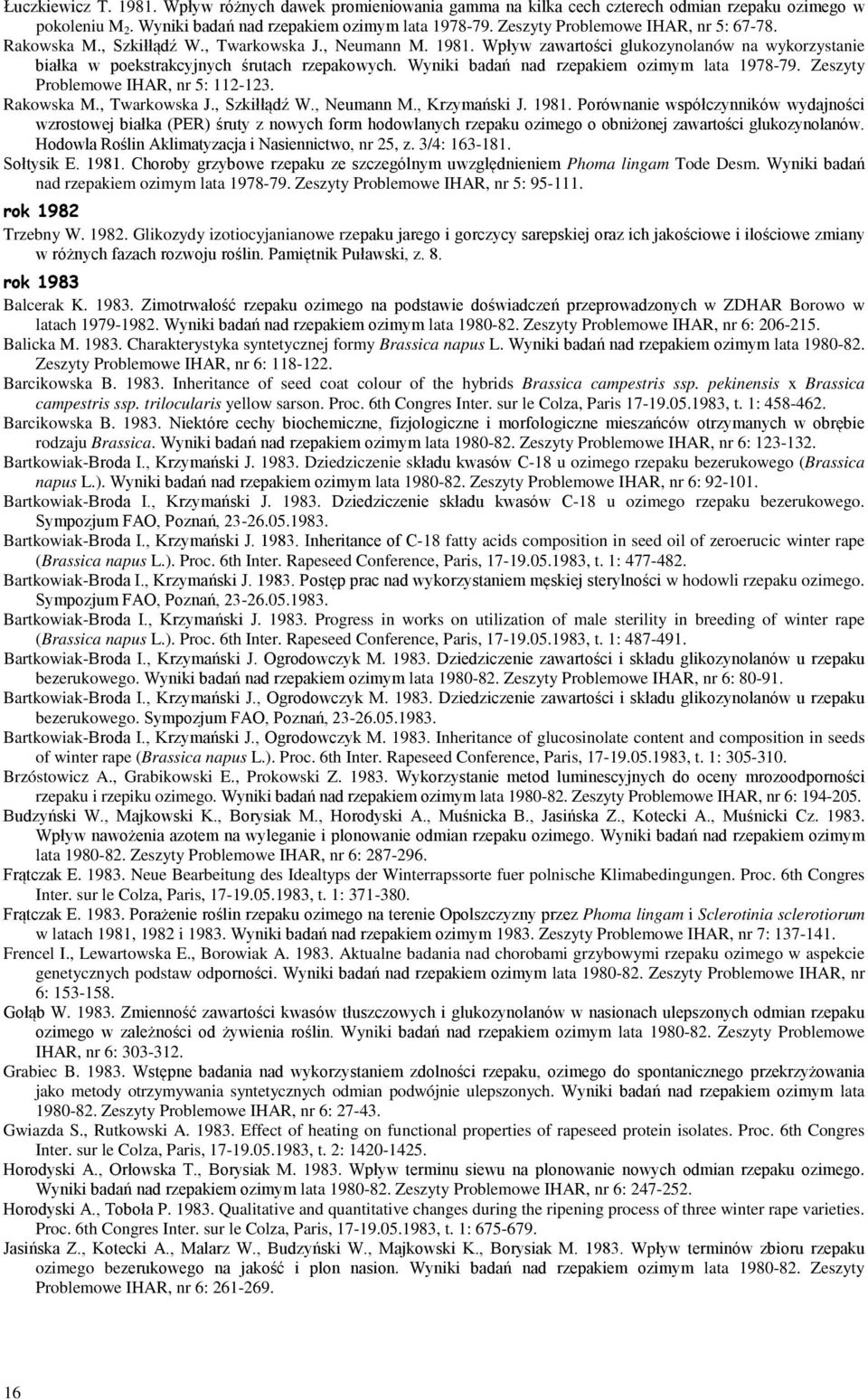 Wyniki badań nad rzepakiem ozimym lata 1978-79. Zeszyty Problemowe IHAR, nr 5: 112-123. Rakowska M., Twarkowska J., Szkiłłądź W., Neumann M., Krzymański J. 1981.