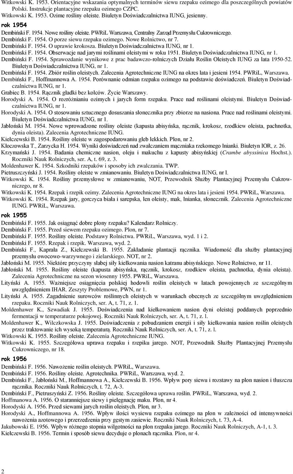 Nowe Rolnictwo, nr 7. Dembiński F. 1954. O uprawie krokosza. Biuletyn Doświadczalnictwa IUNG, nr 1. Dembiński F. 1954. Obserwacje nad jarymi roślinami oleistymi w roku 1951.