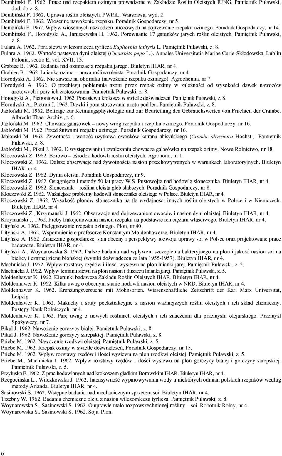 Dembiński F., Horodyski A., Jaruszewska H. 1962. Porównanie 17 gatunków jarych roślin oleistych. Pamiętnik Puławski, z. 8. Fulara A. 1962. Pora siewu wilczomlecza tyrlicza Euphorbia lathyris L.