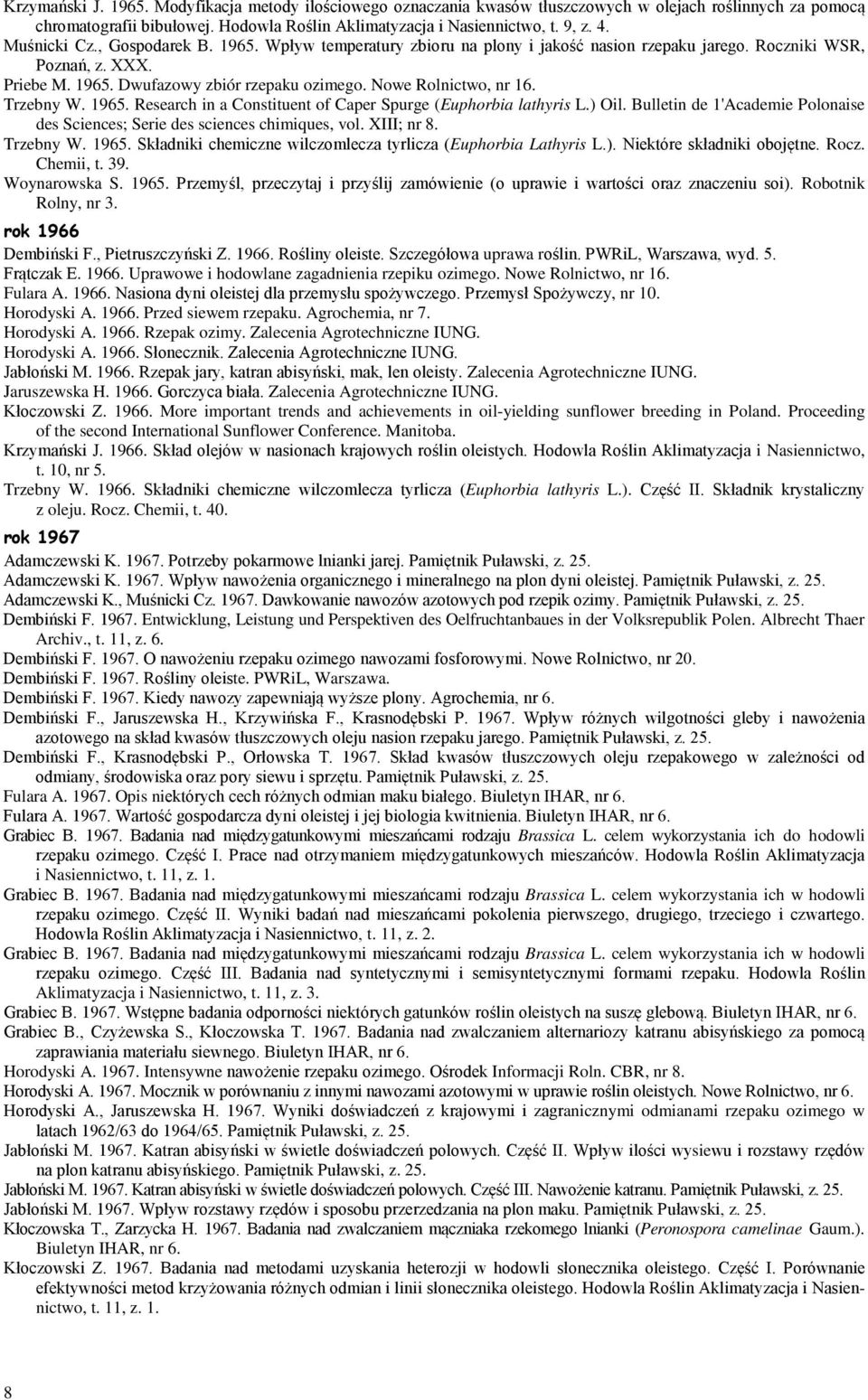 Nowe Rolnictwo, nr 16. Trzebny W. 1965. Research in a Constituent of Caper Spurge (Euphorbia lathyris L.) Oil. Bulletin de 1'Academie Polonaise des Sciences; Serie des sciences chimiques, vol.