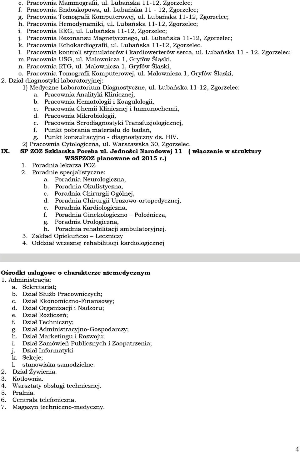 Pracownia Echokardiografii, ul. Lubańska 11-12, Zgorzelec. l. Pracownia kontroli stymulatorów i kardiowerterów serca, ul. Lubańska 11-12, Zgorzelec; m. Pracownia USG, ul.