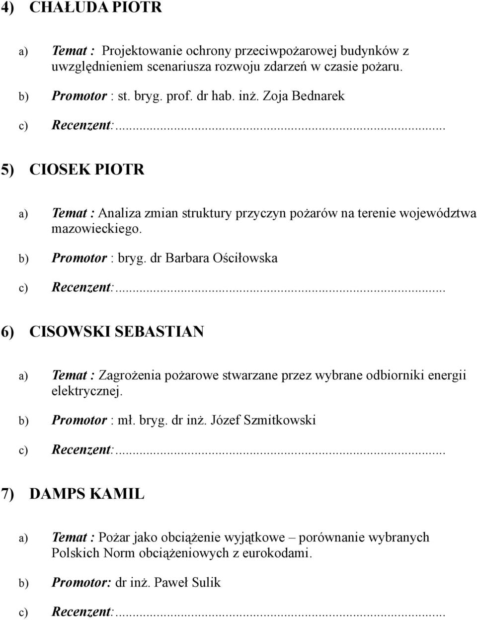 dr Barbara Ościłowska 6) CISOWSKI SEBASTIAN Zagrożenia pożarowe stwarzane przez wybrane odbiorniki energii elektrycznej. b) Promotor : mł. bryg. dr inż.