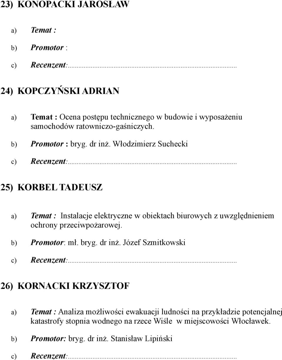 Włodzimierz Suchecki 25) KORBEL TADEUSZ Instalacje elektryczne w obiektach biurowych z uwzględnieniem ochrony przeciwpożarowej.