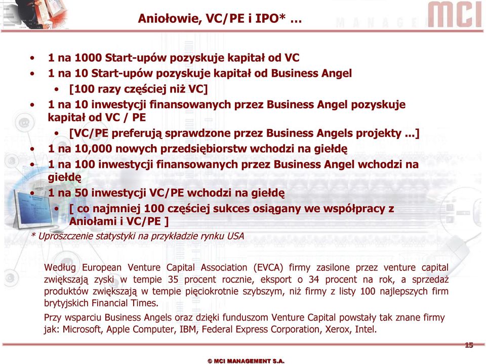 ..] 1 na 10,000 nowych przedsiębiorstw wchodzi na giełdę 1 na 100 inwestycji finansowanych przez Business Angel wchodzi na giełdę 1 na 50 inwestycji VC/PE wchodzi na giełdę [ co najmniej 100 częściej
