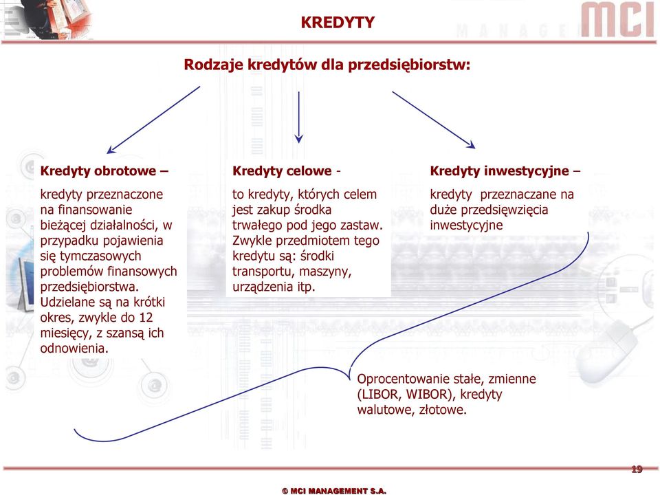 Kredyty celowe - to kredyty, których celem jest zakup środka trwałego pod jego zastaw.