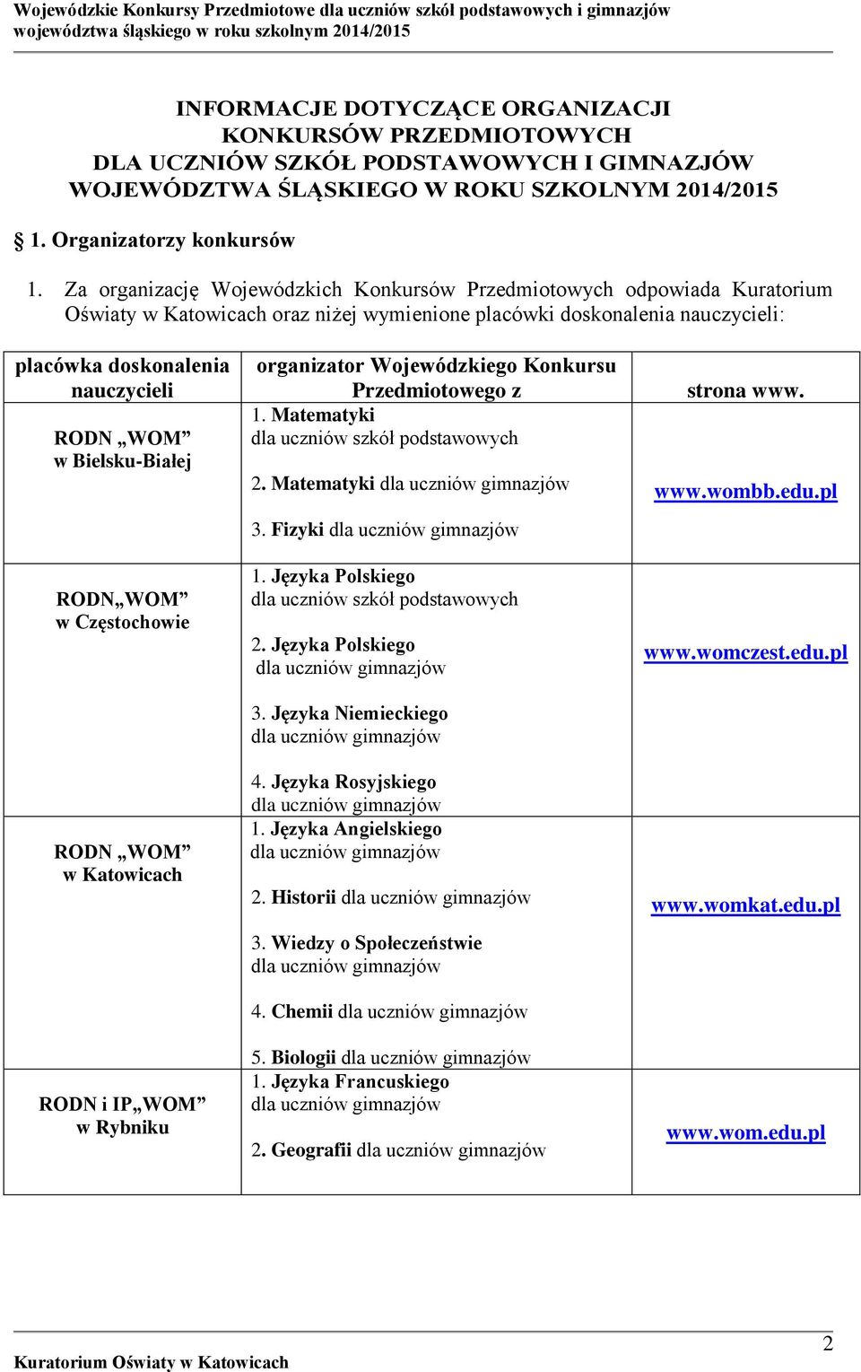 w Częstochowie RODN i IP WOM w Rybniku organizator Wojewódzkiego Konkursu Przedmiotowego z 1. Matematyki dla uczniów szkół podstawowych 2. Matematyki dla uczniów gimnazjów 3.