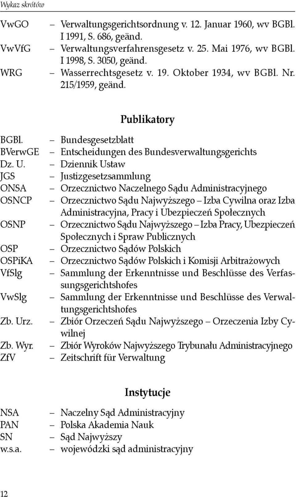 ZfV Bundesgesetzblatt Entscheidungen des Bundesverwaltungsgerichts Dziennik Ustaw Justizgesetzsammlung Orzecznictwo Naczelnego Sądu Administracyjnego Orzecznictwo Sądu Najwyższego Izba Cywilna oraz