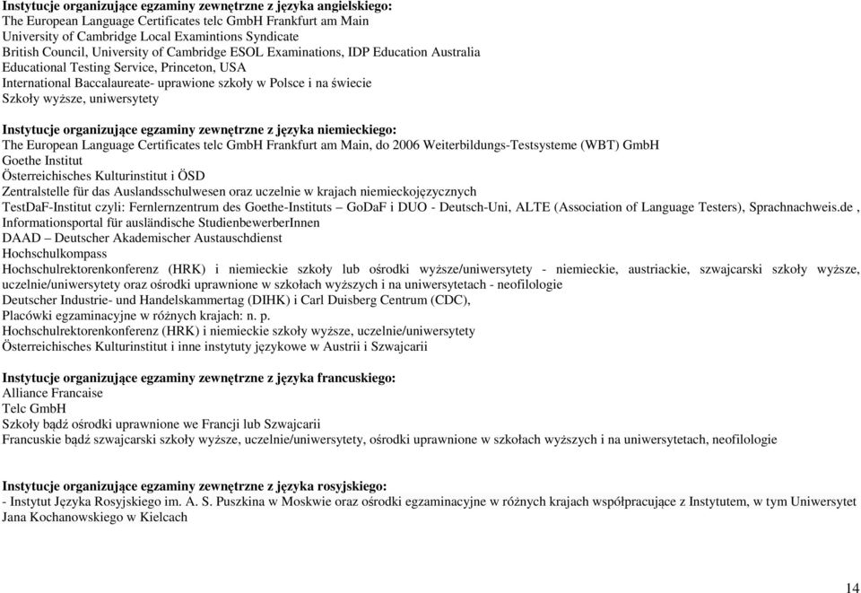 uniwersytety Instytucje organizujące egzaminy zewnętrzne z języka niemieckiego: The European Language Certificates telc GmbH Frankfurt am Main, do 2006 Weiterbildungs-Testsysteme (WBT) GmbH Goethe